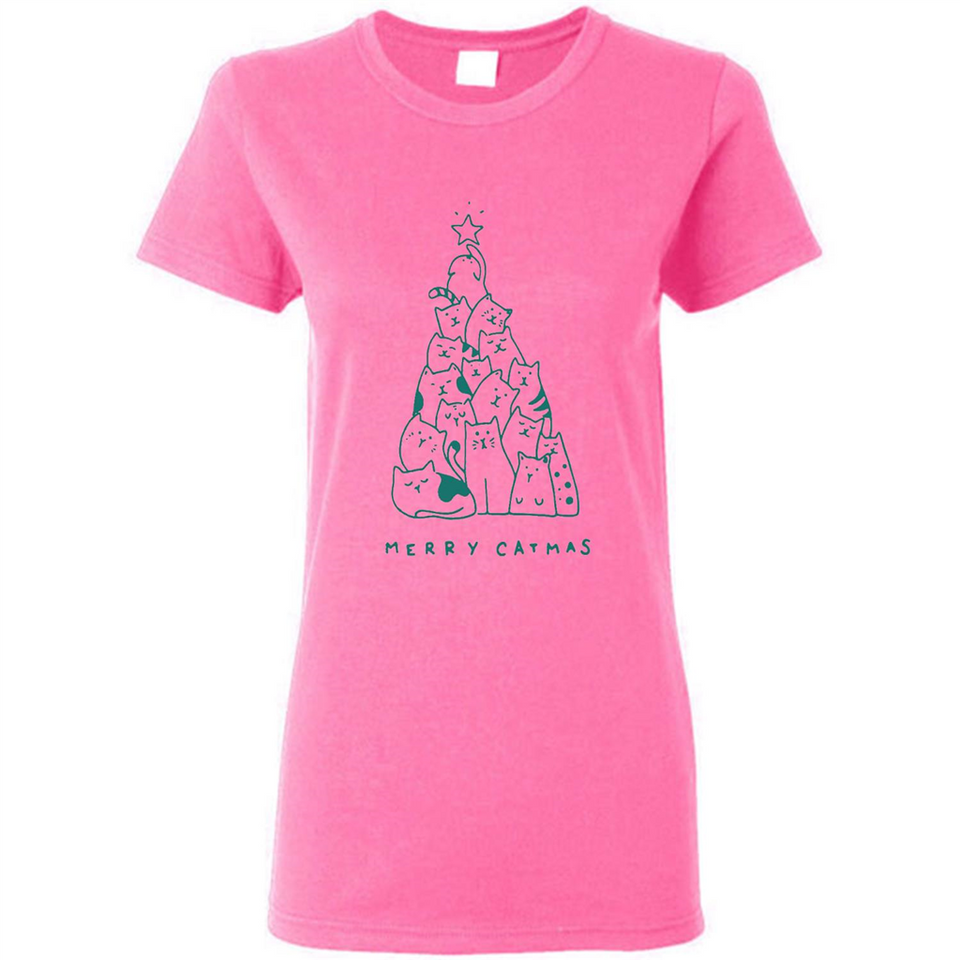 Merry Catmas Funny Cat Christmas Tree Sweatshirt - Ladies Short-Sleeve