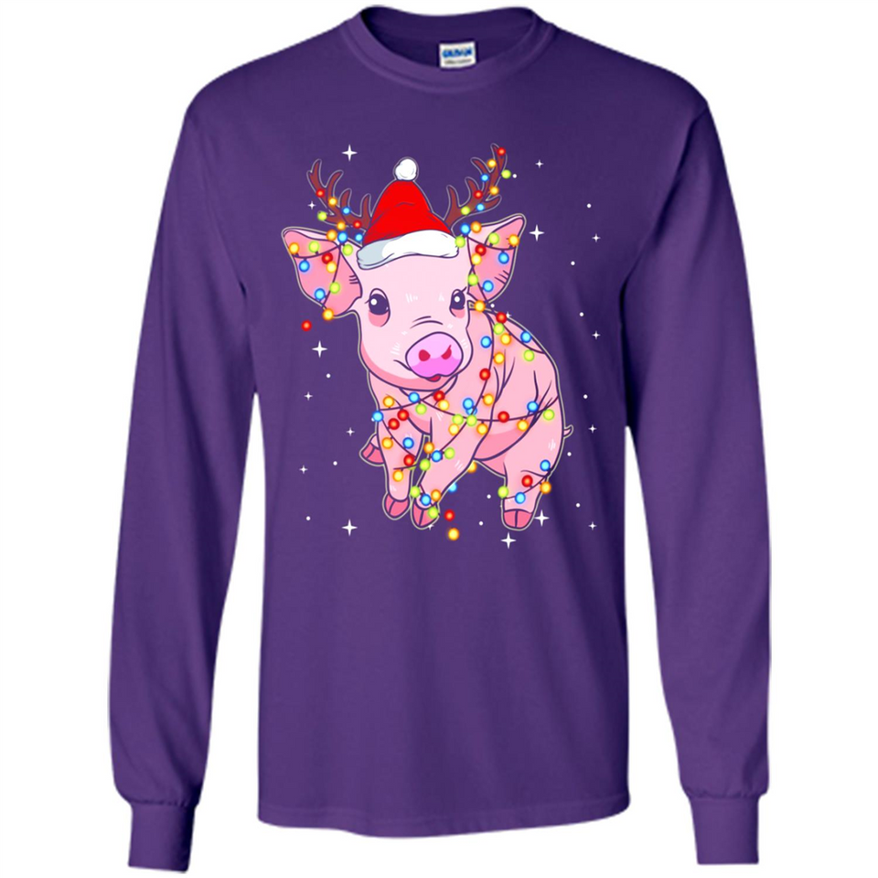 Christmas Lights Pig Wearing Santa Hat Funny Xmas - Long Sleeve T-Shirt