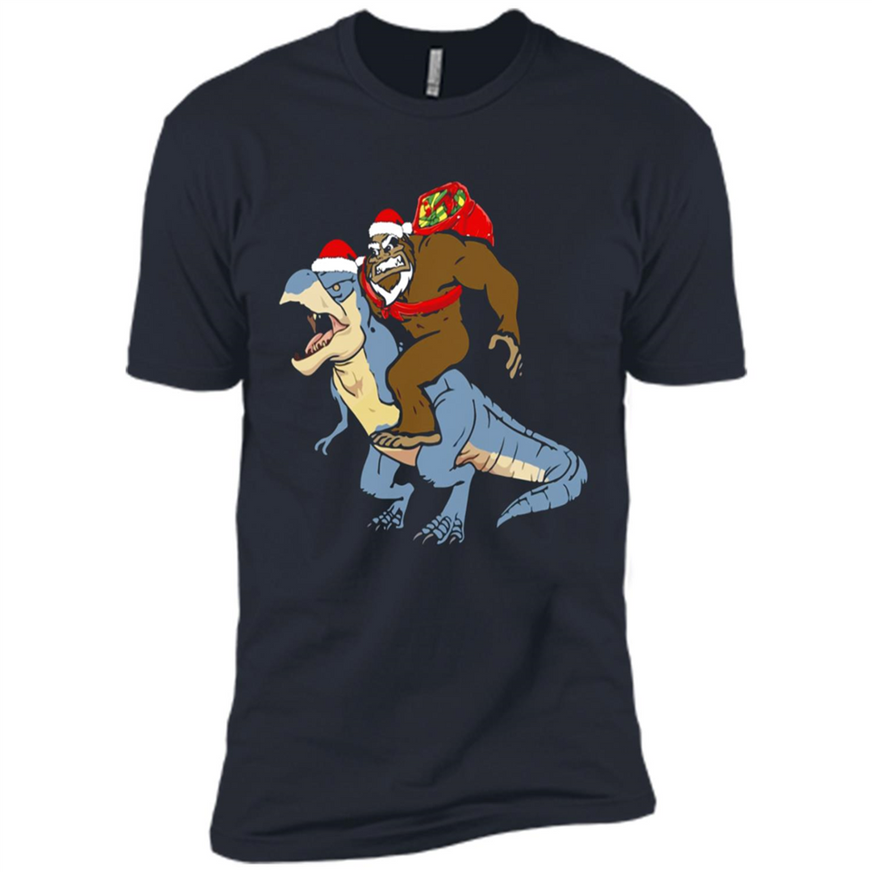 Bigfoot Riding Dinosaurus T-Shirt Funny Bigfoot Santa - Premium Short Sleeve T-Shirt