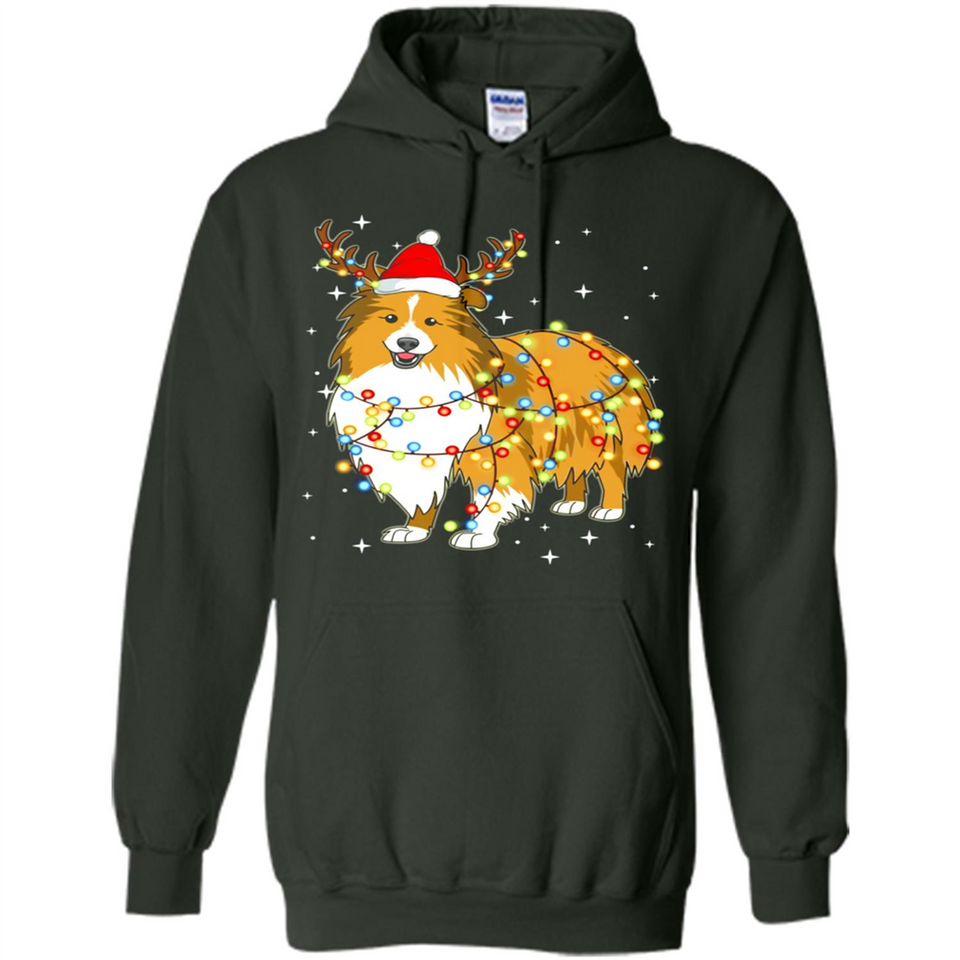 Christmas Lights Shetland Sheepdog Wearing Santa Hat Funny Xmas - Hoodie