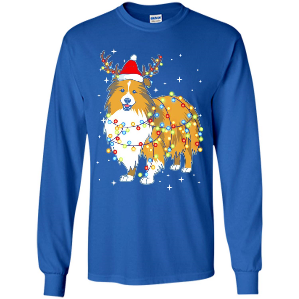 Christmas Lights Shetland Sheepdog Wearing Santa Hat Funny Xmas - Long Sleeve T-Shirt