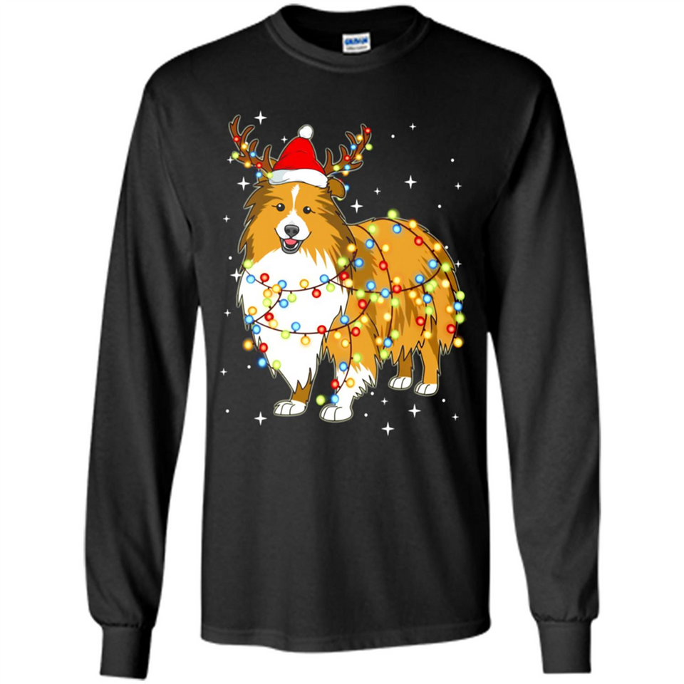 Christmas Lights Shetland Sheepdog Wearing Santa Hat Funny Xmas - Long Sleeve T-Shirt