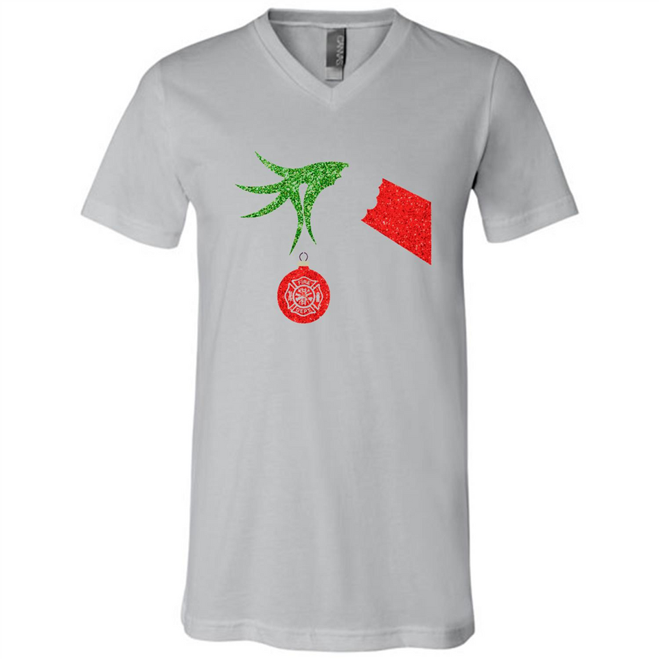 Funny Grinch Hand holding Firefighter ornament Christmas Sporty T-Shirt - Canvas Unisex V-Neck
