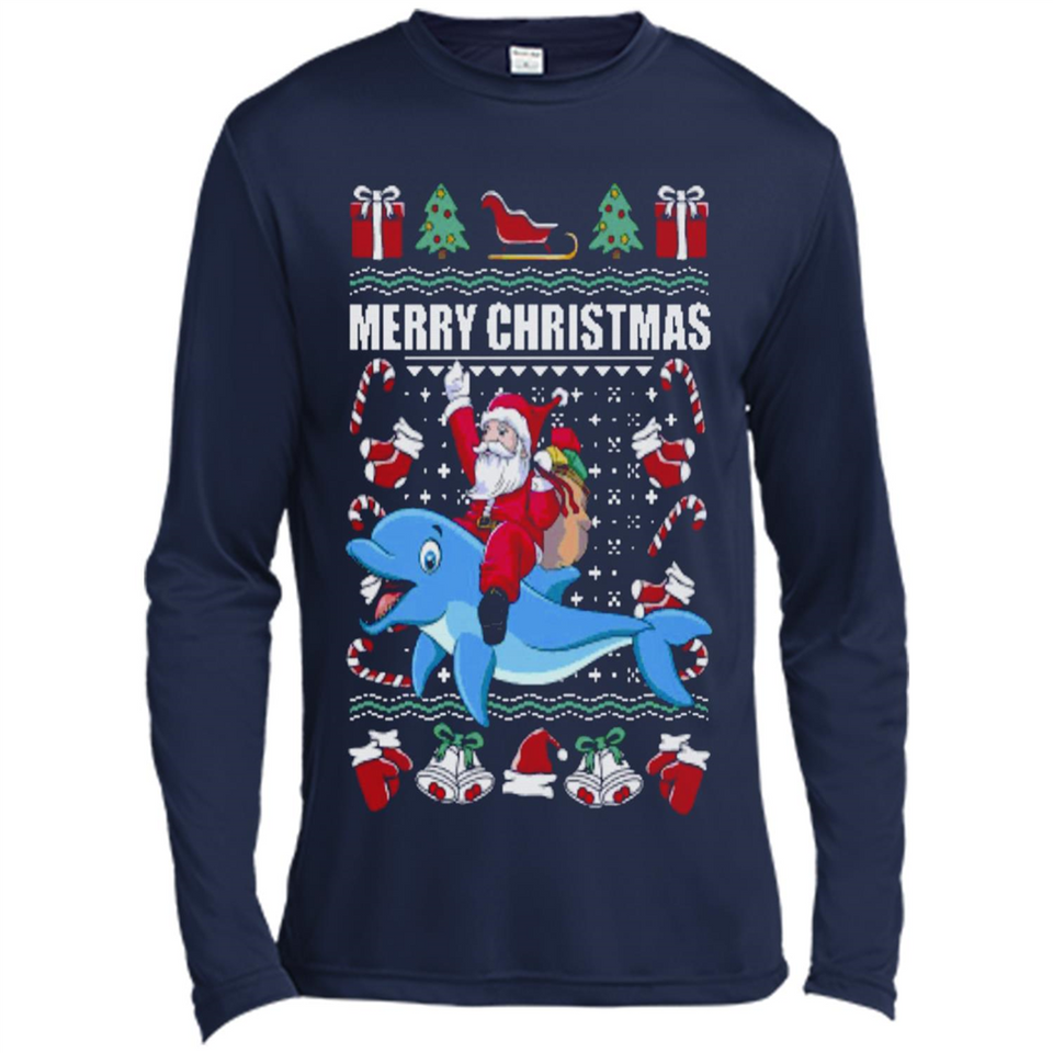 Ugly Christmas Santa Riding Dolphin - Canvas Long Sleeve T-Shirt
