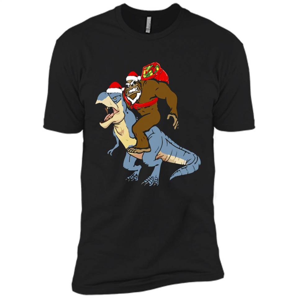 Bigfoot Riding Dinosaurus T-Shirt Funny Bigfoot Santa - Premium Short Sleeve T-Shirt