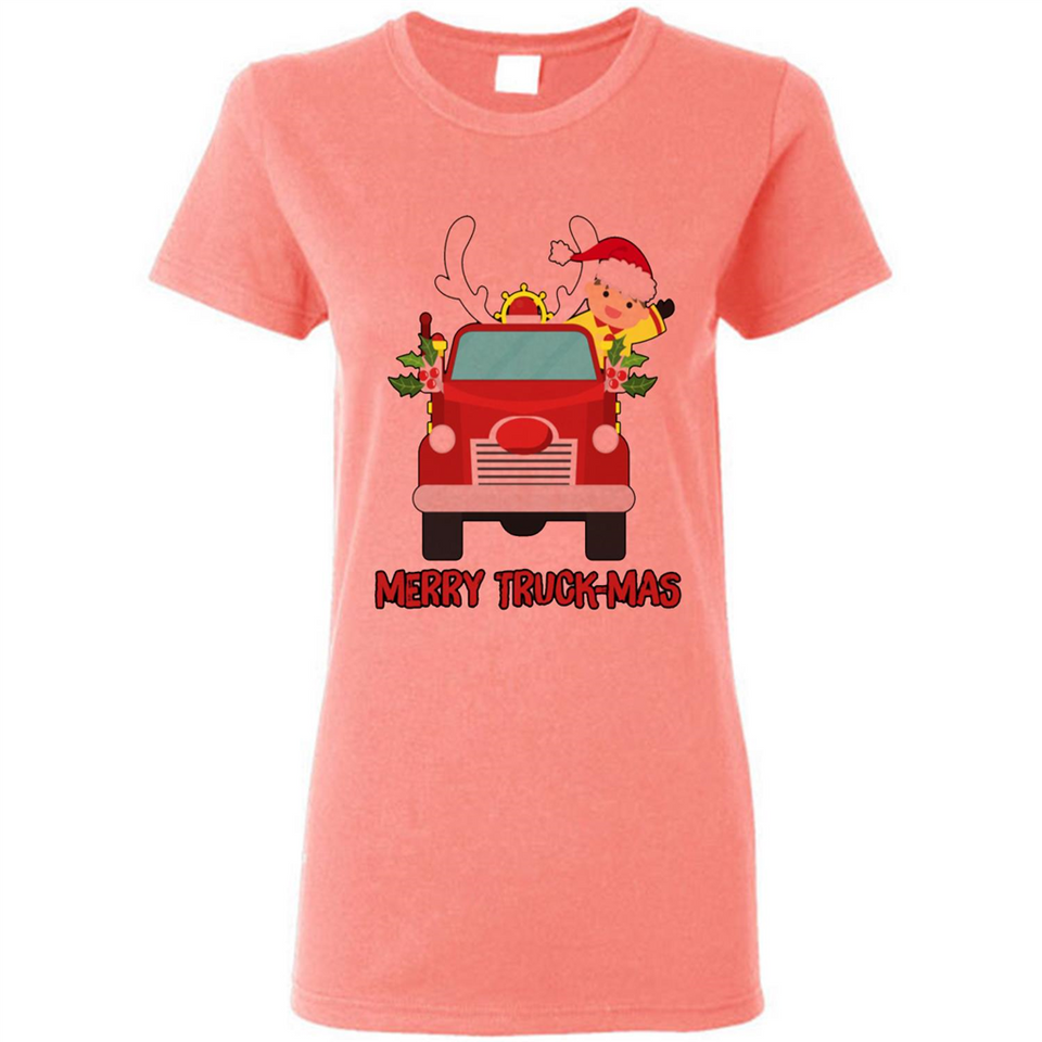 Merry Truck-Mas Christmas Fire Truck Cute Reindeer Sporty - Ladies Short-Sleeve