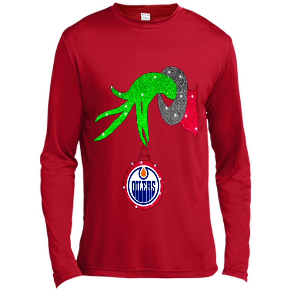 GRINCH HAND HOLDING EDMONTON OILERS GLITTER CHRISTMAS PINGPONG