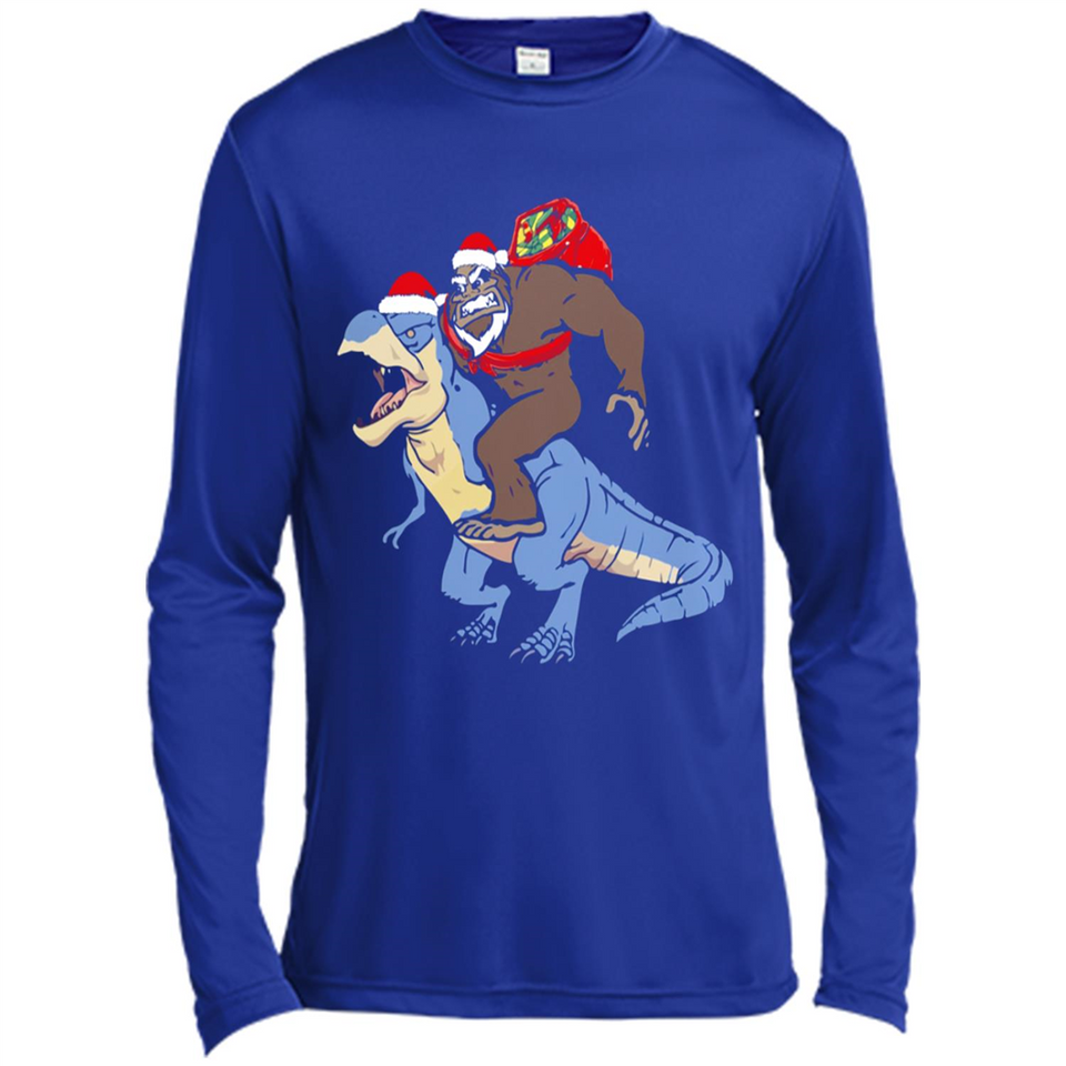 Bigfoot Riding Dinosaurus T-Shirt Funny Bigfoot Santa - Canvas Long Sleeve T-Shirt