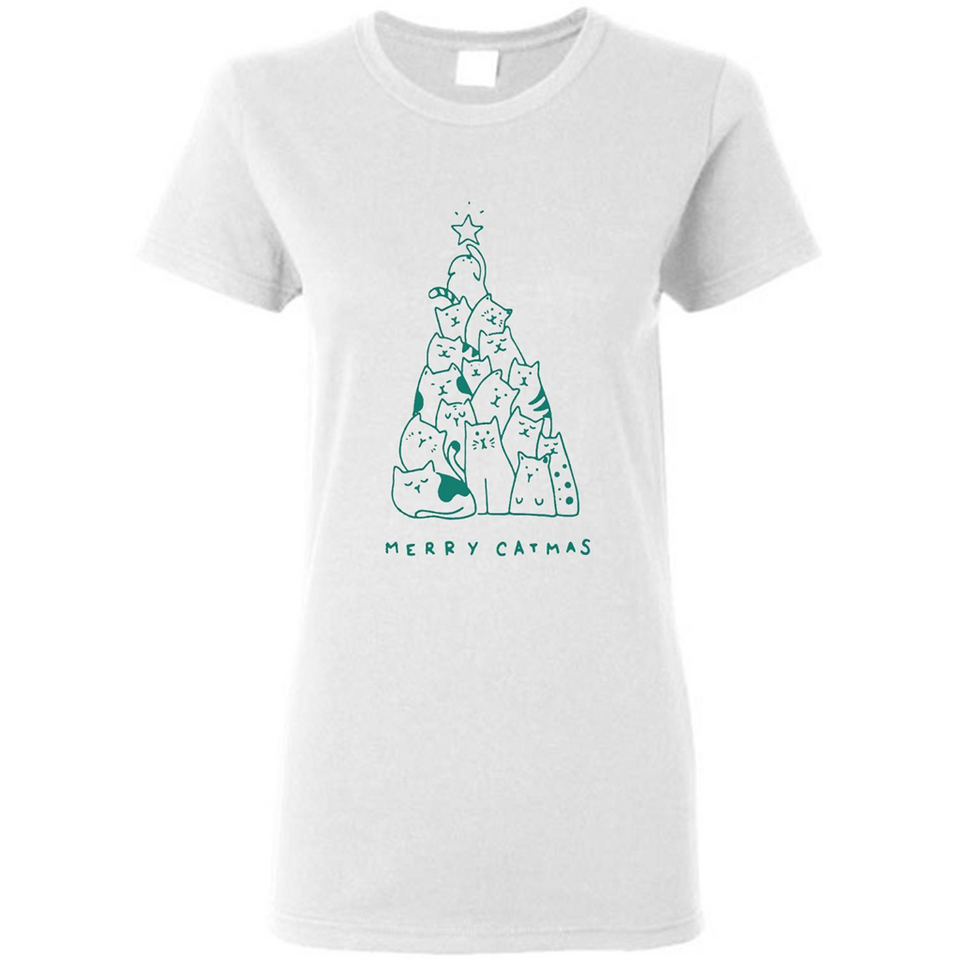 Merry Catmas Funny Cat Christmas Tree Sweatshirt - Ladies Short-Sleeve