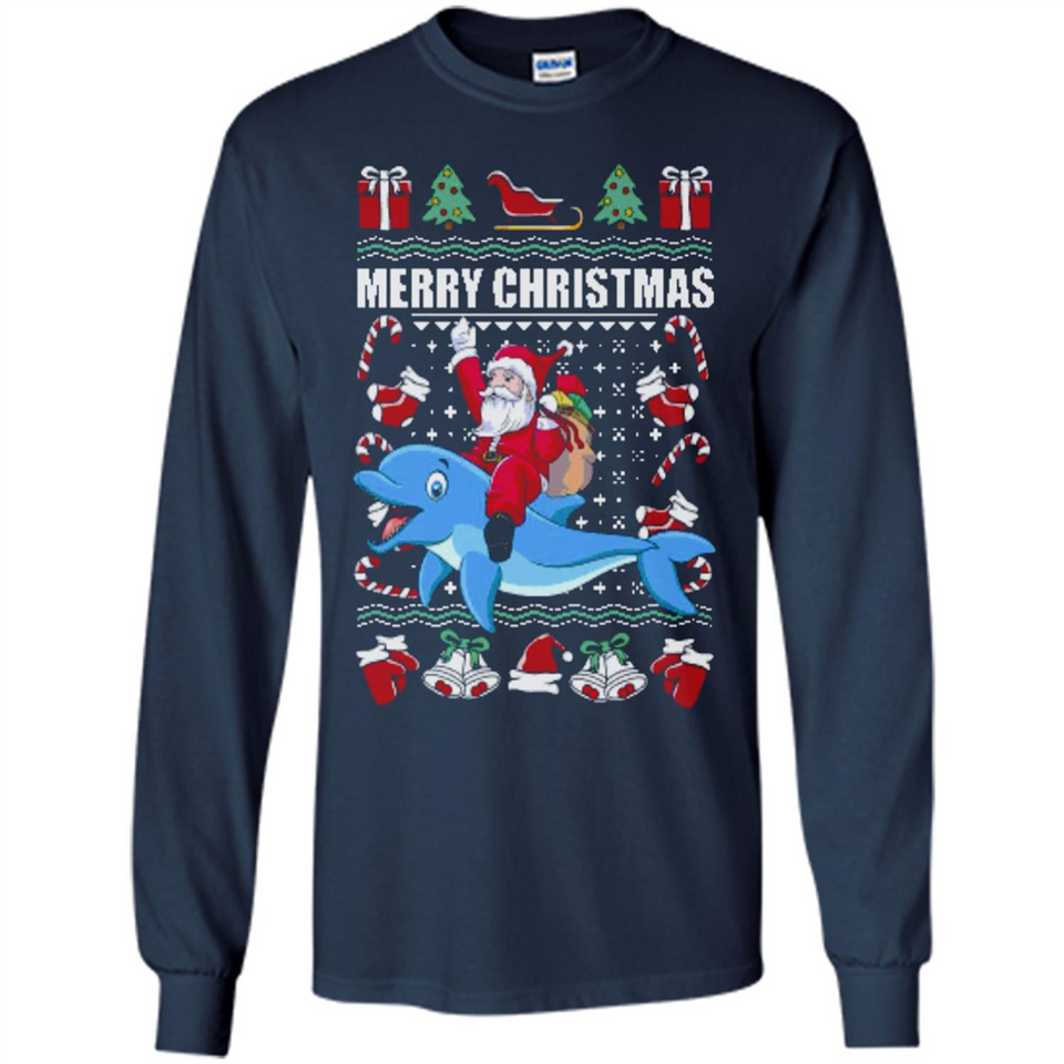 Ugly Christmas Santa Riding Dolphin - Long Sleeve T-Shirt