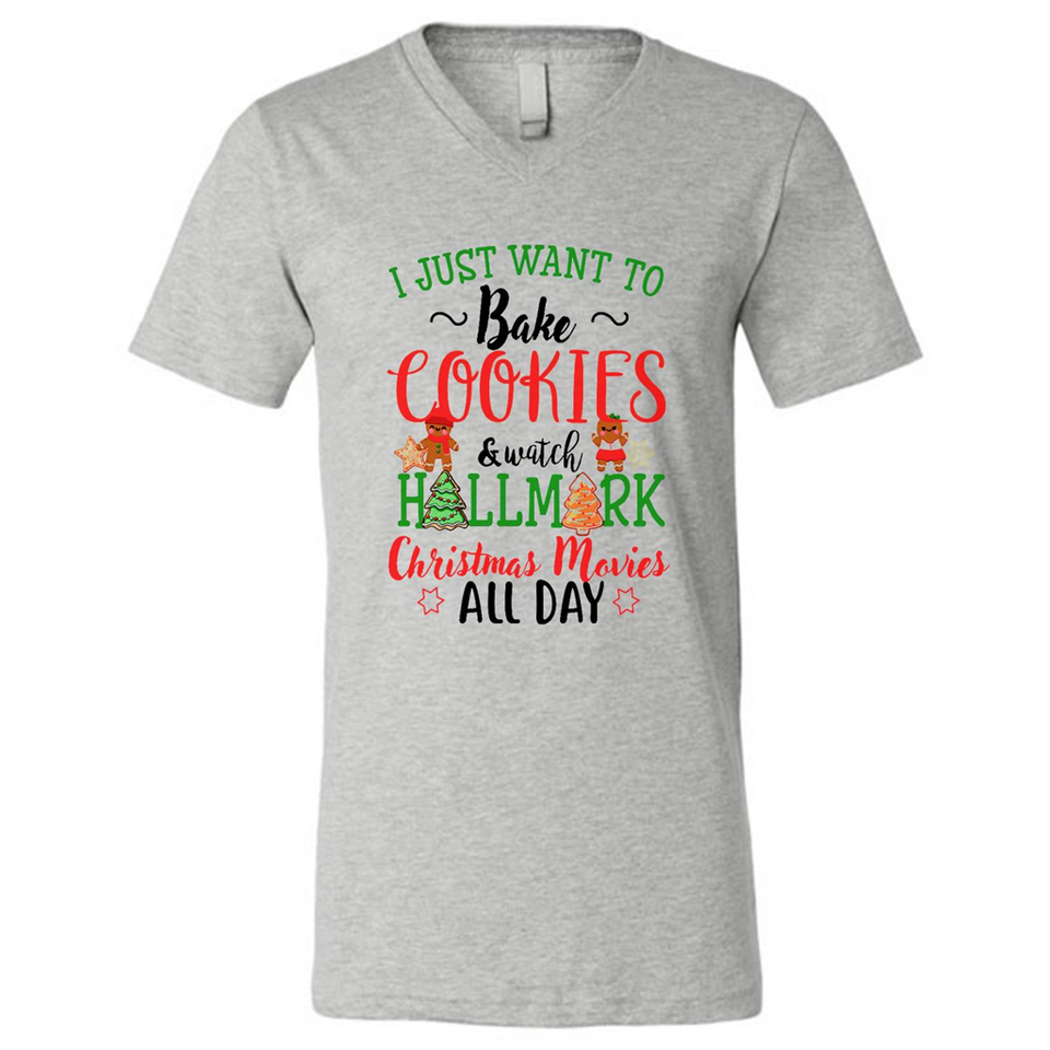 I just Want to bake Cookies and watch Hallmark Christmas movies White T-Shirt - Canvas Unisex V-Neck