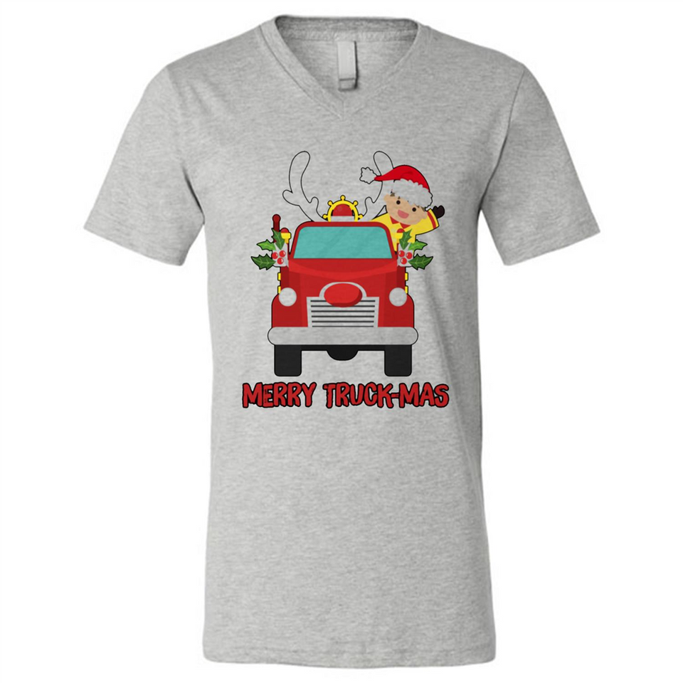 Merry Truck-Mas Christmas Fire Truck Cute Reindeer Sporty - Canvas Unisex V-Neck