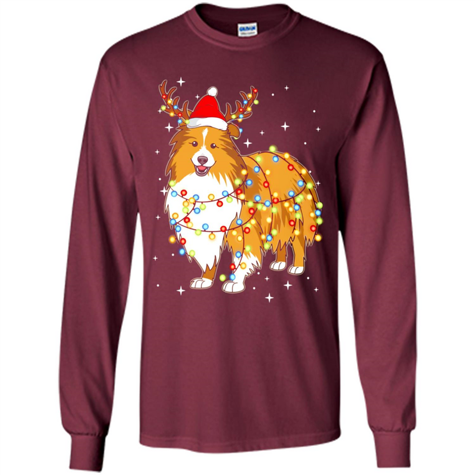Christmas Lights Shetland Sheepdog Wearing Santa Hat Funny Xmas - Long Sleeve T-Shirt