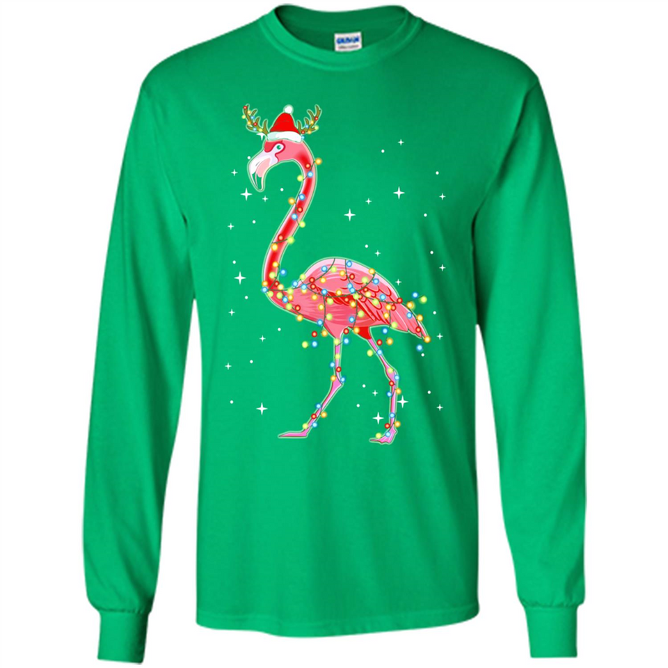Christmas Lights Flamingo Wearing Santa Hat Funny Xmas - Long Sleeve T-Shirt
