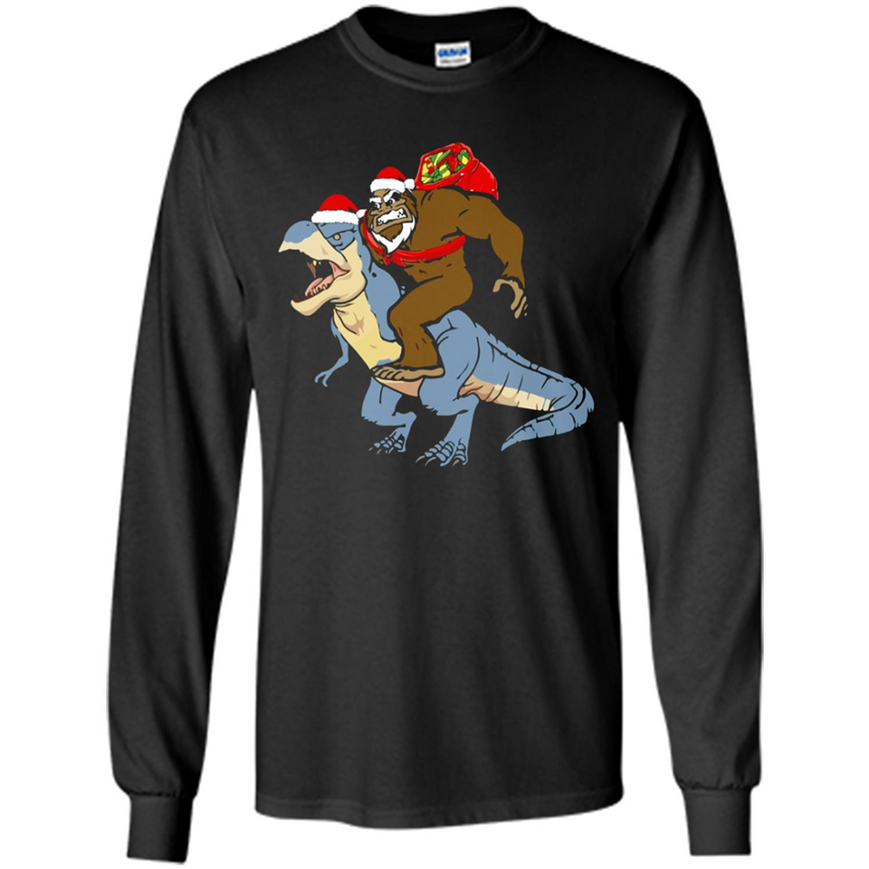 Bigfoot Riding Dinosaurus T-Shirt Funny Bigfoot Santa - Long Sleeve T-Shirt