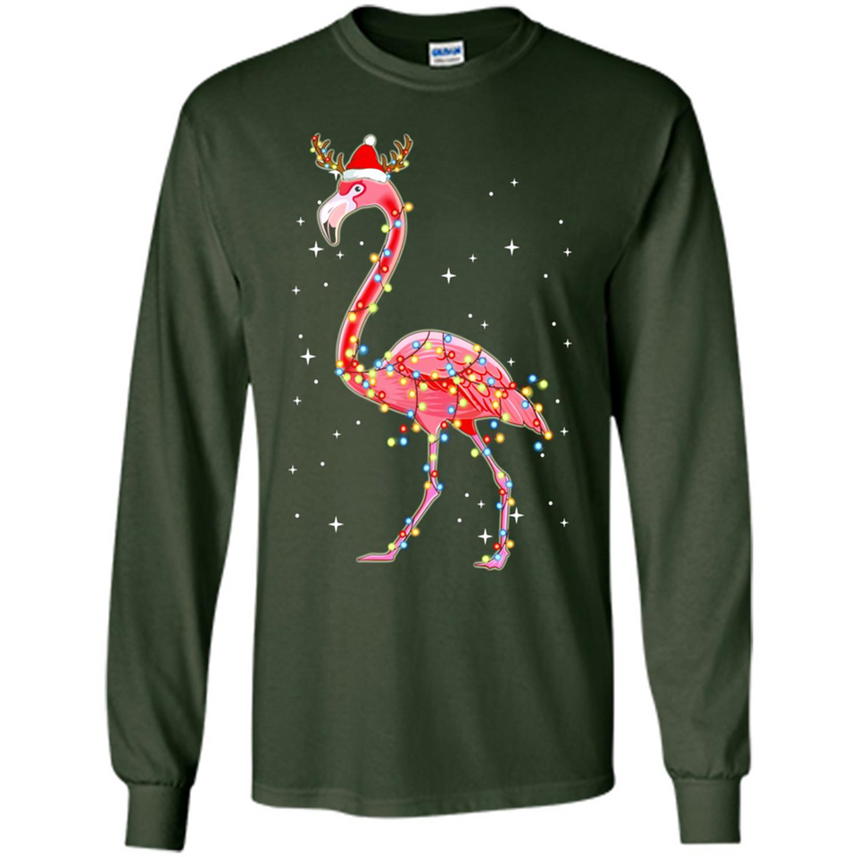 Christmas Lights Flamingo Wearing Santa Hat Funny Xmas - Long Sleeve T-Shirt