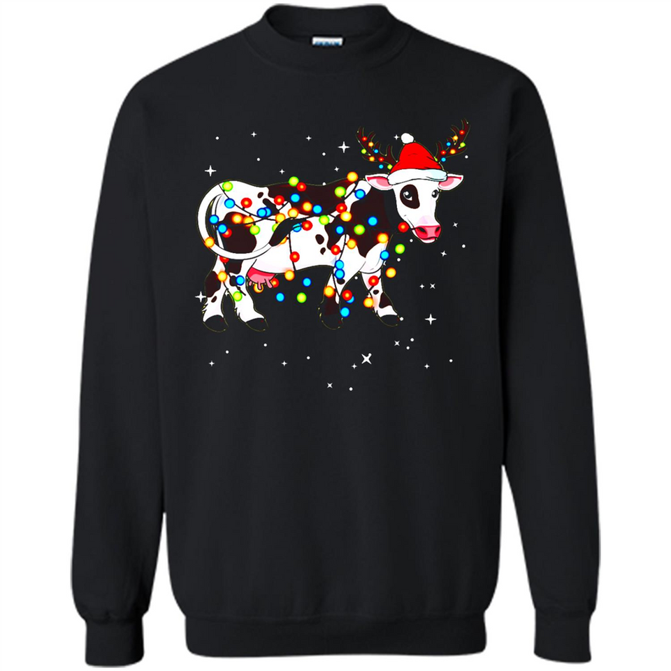 Christmas Lights Cow Wearing Santa Hat Funny Xmas Sweatshirt - Sweatshirt