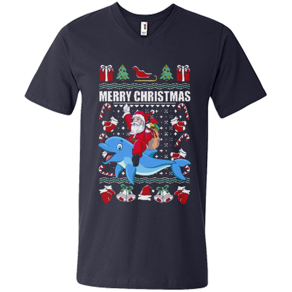 Ugly Christmas Santa Riding Dolphin - Men's V-Neck