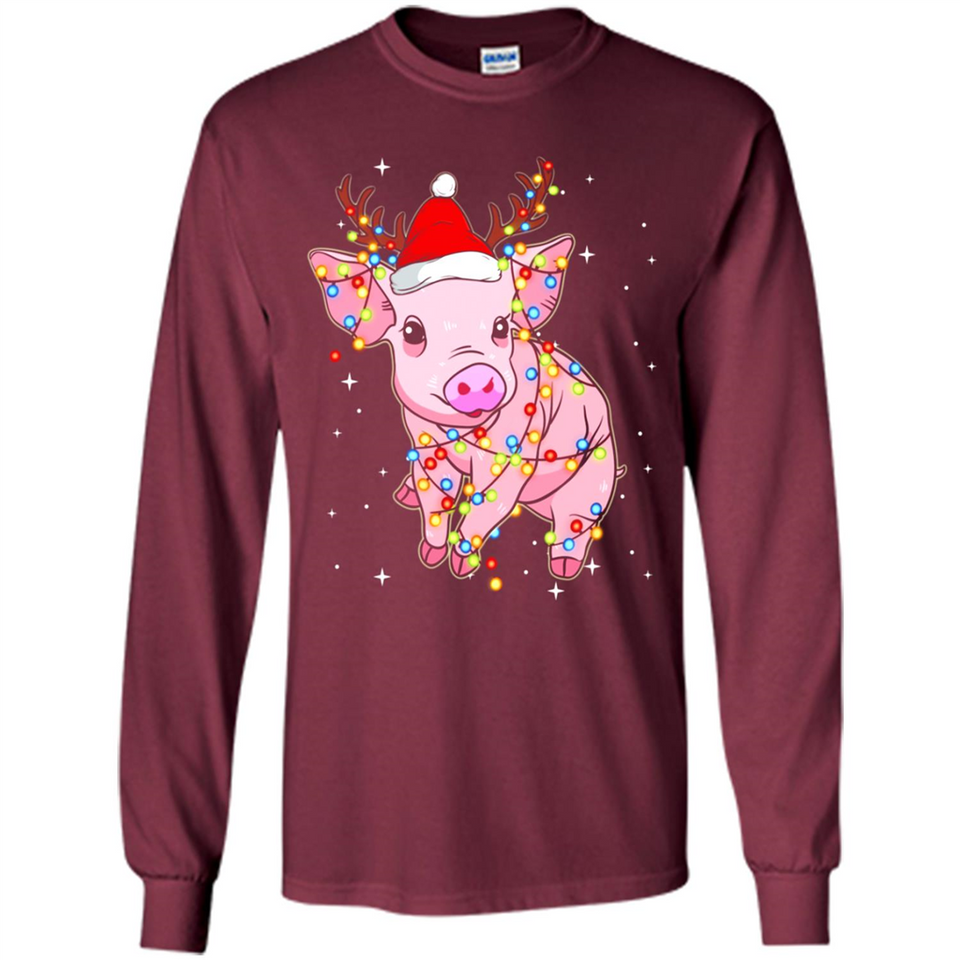 Christmas Lights Pig Wearing Santa Hat Funny Xmas - Long Sleeve T-Shirt